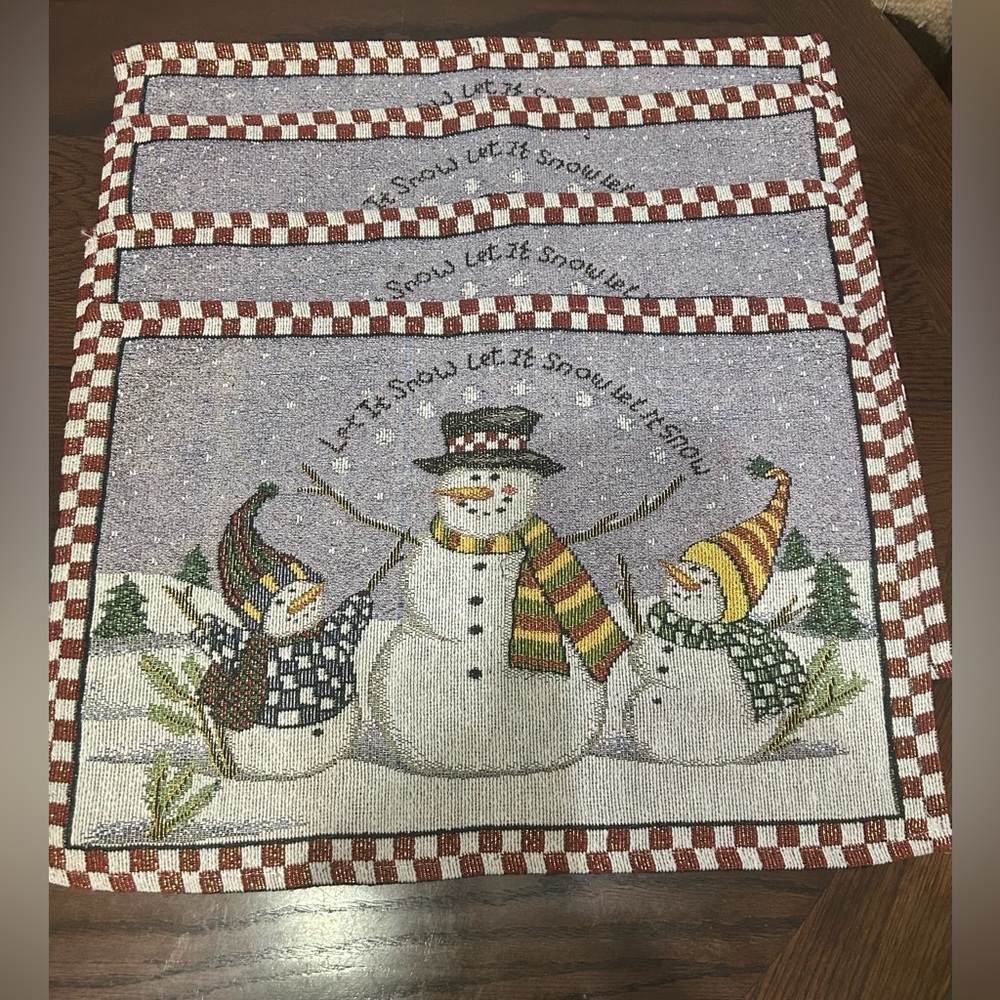 New Set of 4 Tapestry Style Snowman Placemats Size 19” x 13”. Whimsical Holiday